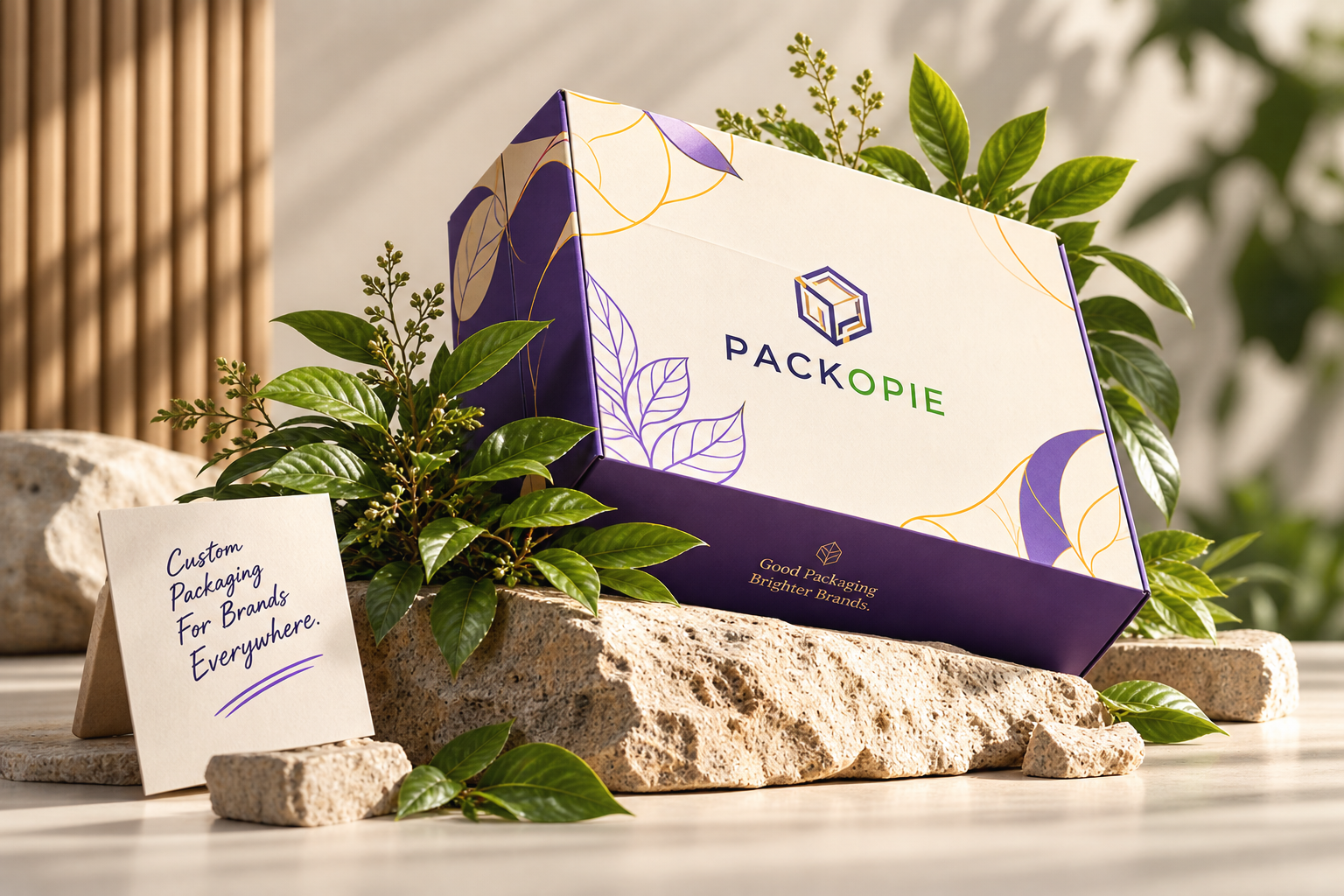 Cream and purple Packopie box displayed on stone among green leaves