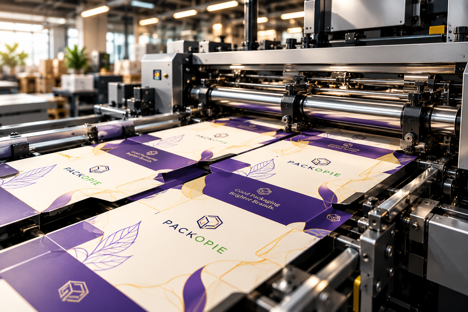 Custom printed cream and purple packaging moving through production equipment
