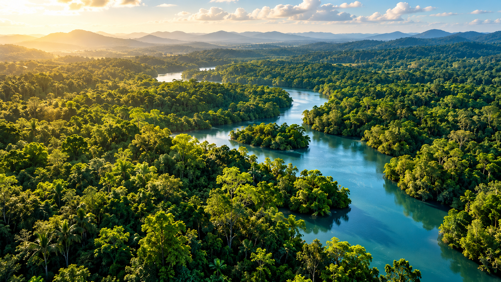 A winding river through a dense green forest