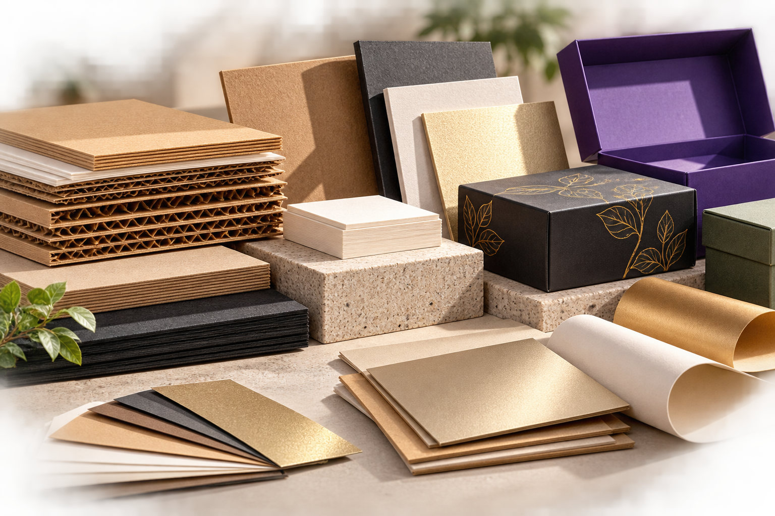 Corrugated board, kraft papers, textured materials, gold foil printing and custom rigid boxes