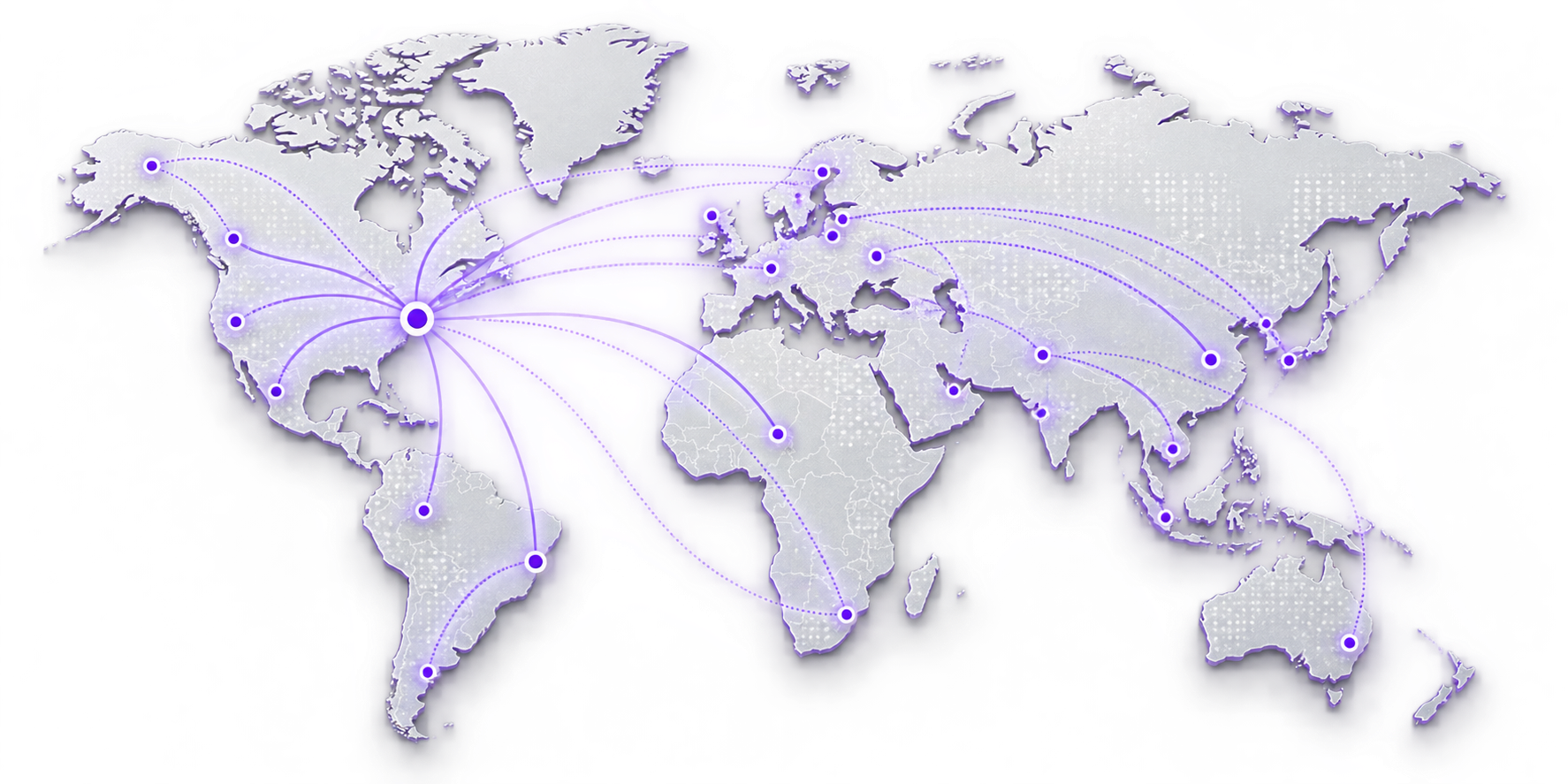 Illustrative world map connected by purple arcs