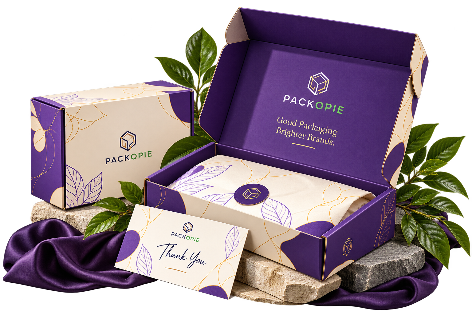 Open purple Packopie presentation box with coordinated printed packaging and foliage